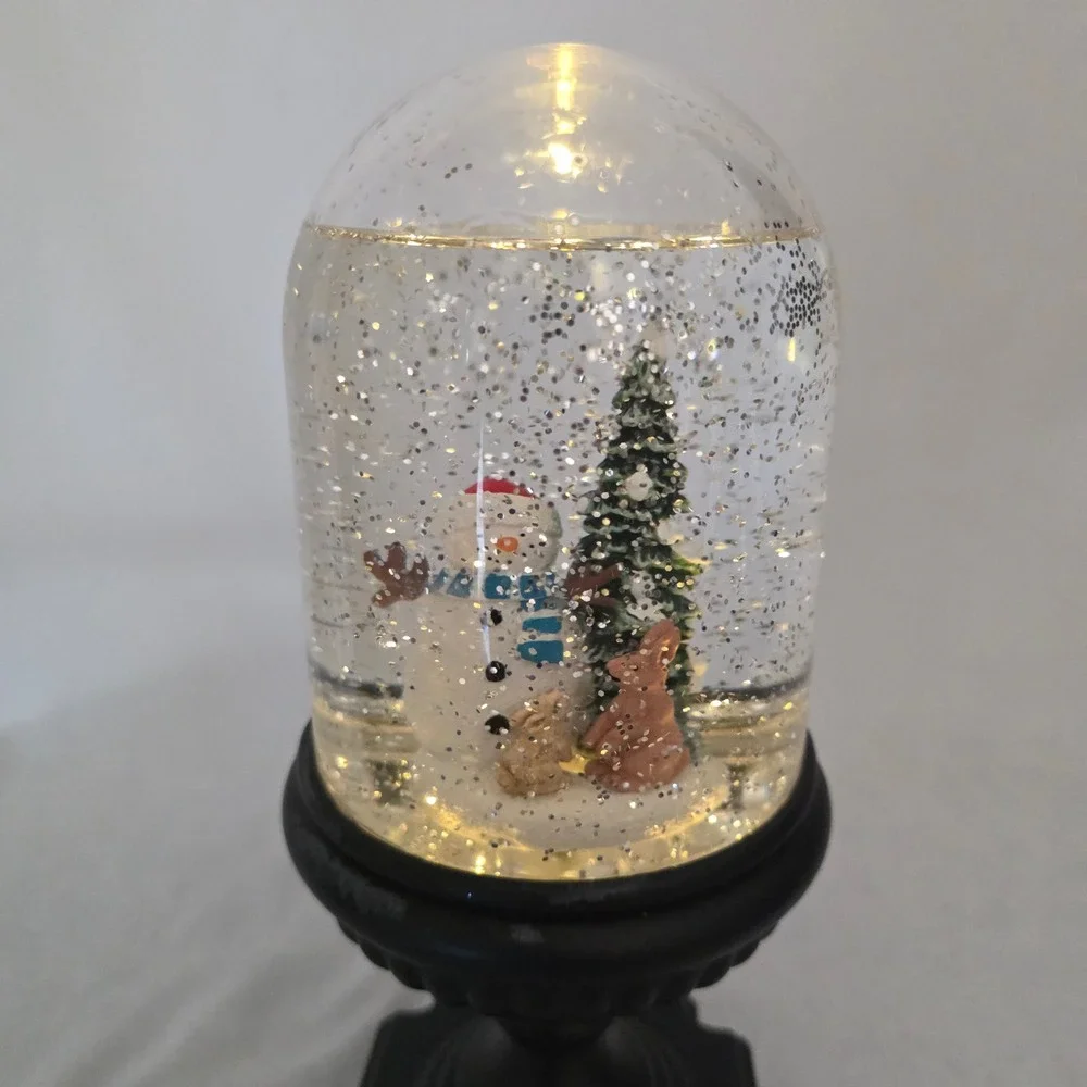 Musical Lighted Snowman & Woodland Bunnies Snow Globe on Black Pedestal Base
